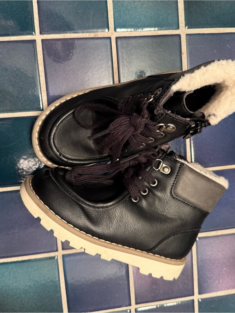 Kids Black Faux-Leather Winter Boots with Shearling Lining